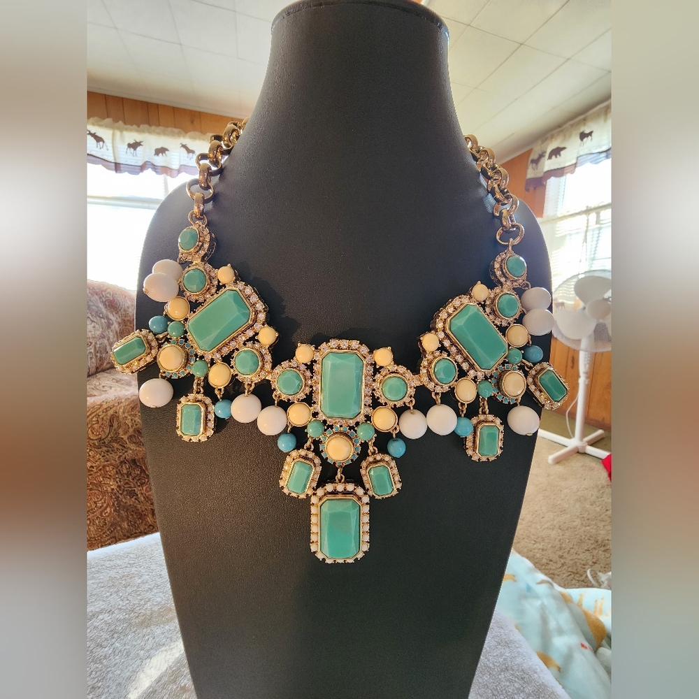 BANANA REPUBLIC Gold-Tone Statement Necklace with Aqua, White, and Ivory Accents